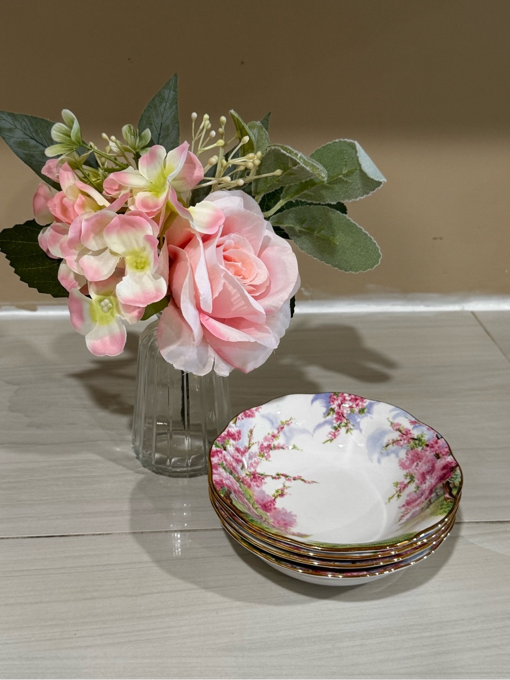 Royal Albert Pink Blossom Time Dessert Bowls (nappies) with Gold Trim - Set of 4